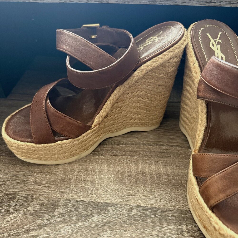 YSL Brown Leather Ankle Strap Wedges